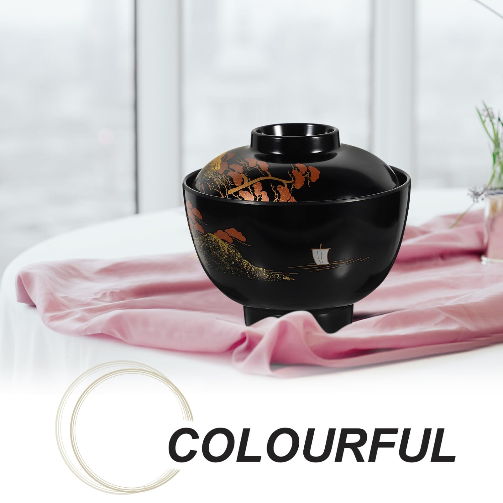 Kichvoe Miso Bol à soupe avec couvercle, bol à riz japonais en mélamine traditionnel, bol à soupe ramen en plastique laqué pour la cuisine, noir