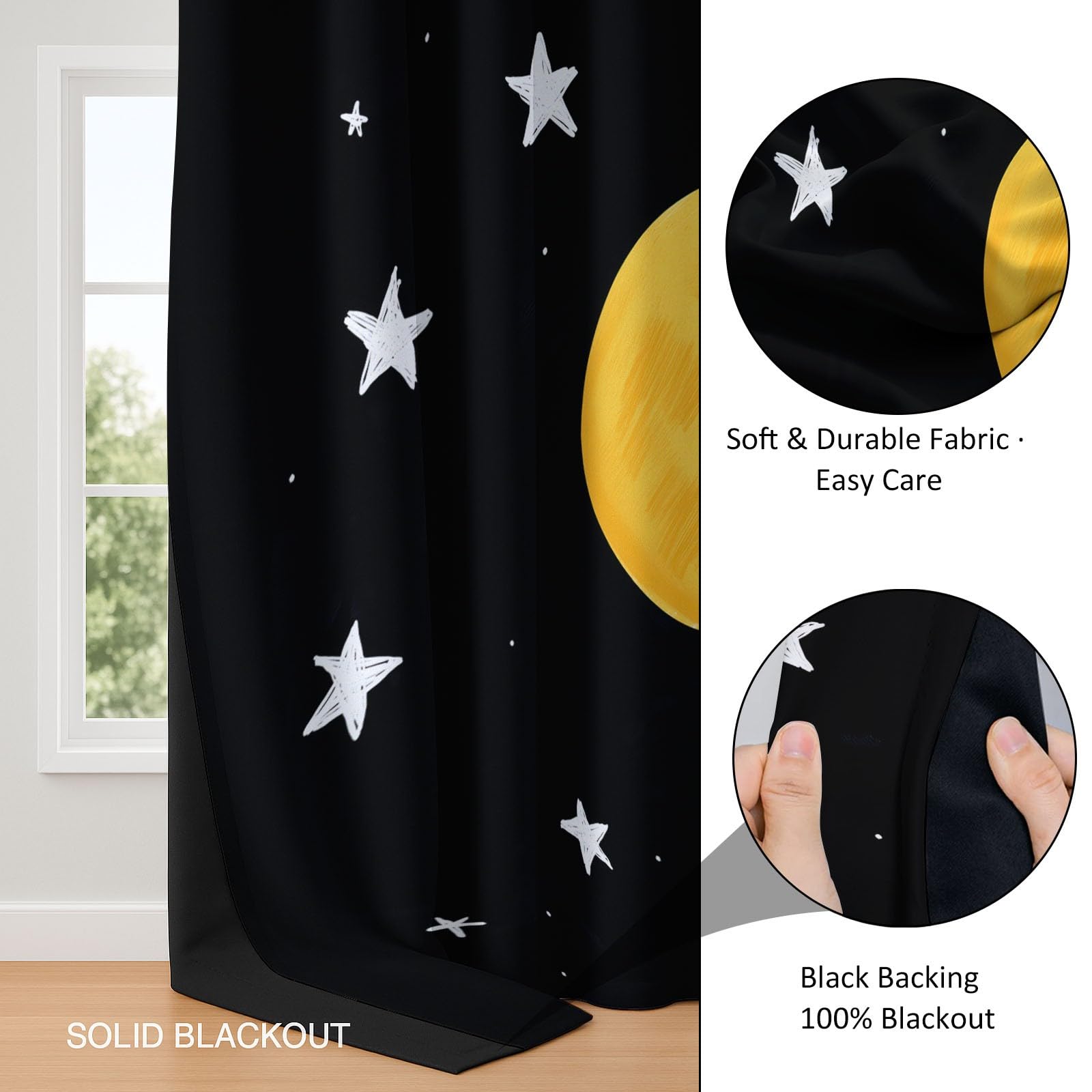 Cortinas Opacas Termicas Aislantes Frio y Calor de Casa Cortina 100% Blackout Libro Ilustrado Infantil Estrellas Y Luna, Acustica con Ojales para Salon Dormitorio 2 Piezas, Negro, 91.5 x 214 cm