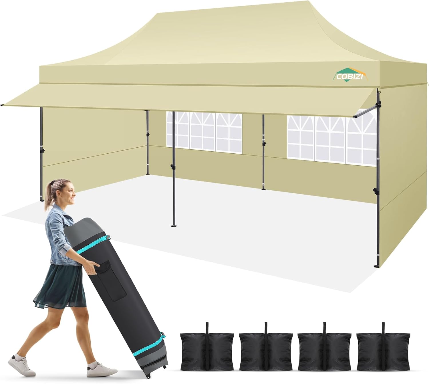 COBIZI 10x20 Pop Up Canopy Tent with Awning & Sidewalls, Heavy Duty Commercial 10X20 Canopy Tents Instant Waterproof, UPF 50+ Sun Shade for Outdoor, Parties, Markets (Khaki) Khaki 10x20FT