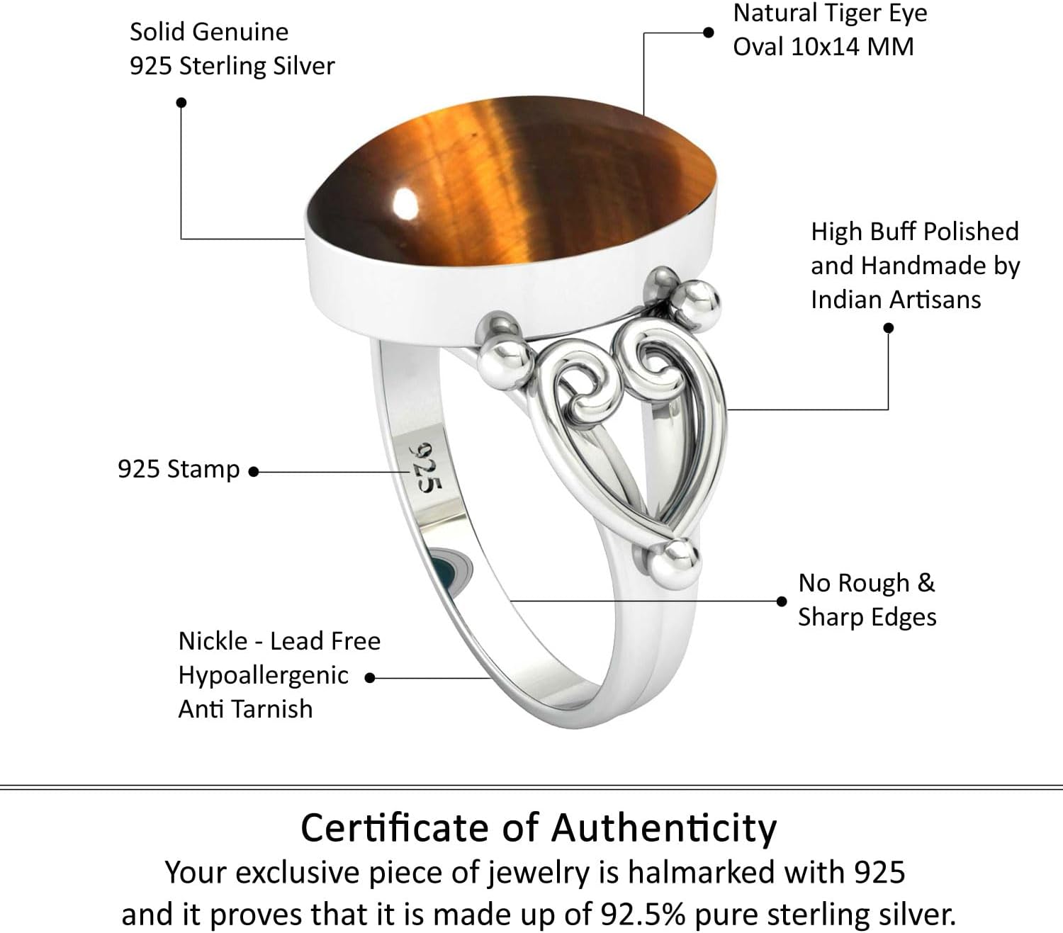 JEWELOPORIUM Brown Tiger Eye Silver Ring Size 5 to 13, 925 Sterling Silver Ring for Women, Genuine Oval Gemstone Boho Jewelry