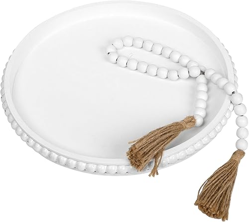 Miniatura 6 de Bandeja decorativa de madera redonda rústica para mesa de café, decoración de granja con patrón de flores de mandala, bandeja otomana bohemia para