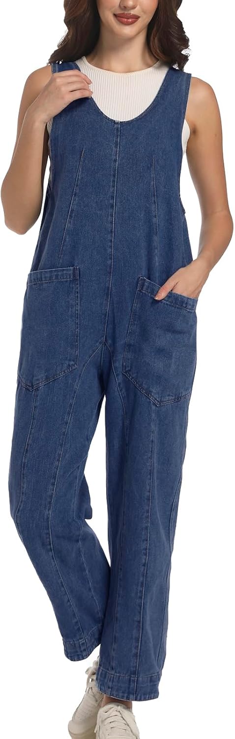 Womens High Roller Denim Jumpsuit Baggy Loose Fit Jean Overalls Adjustable Straps Sleeveless Jumpers with Pockets - Image 3