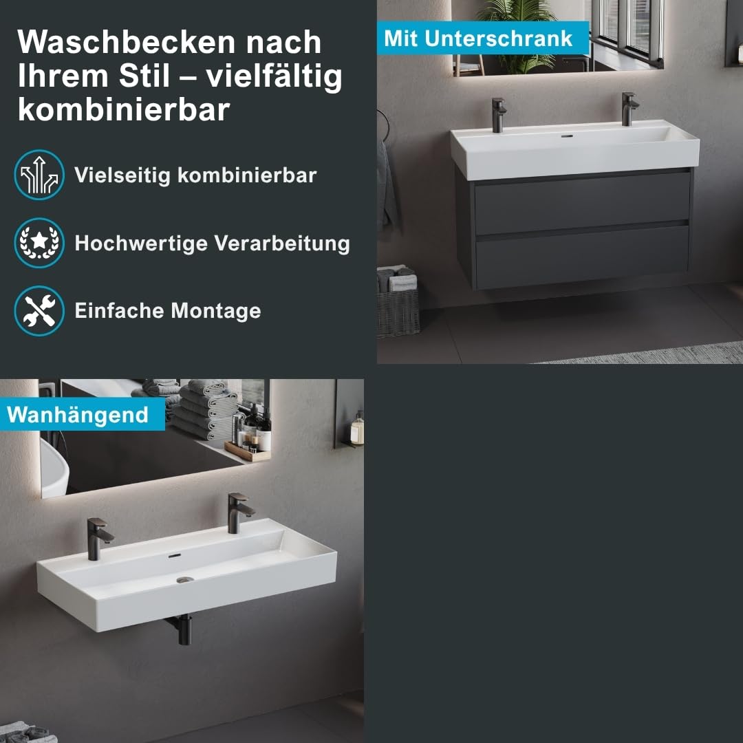 Aqua Bagno Double lavabo 100 cm blanc - Double lavabo moderne en céramique avec deux trous de robinetterie - Lavabo rectangulaire pour salle de bain - Facile d'entretien, robuste et adapté au montage
