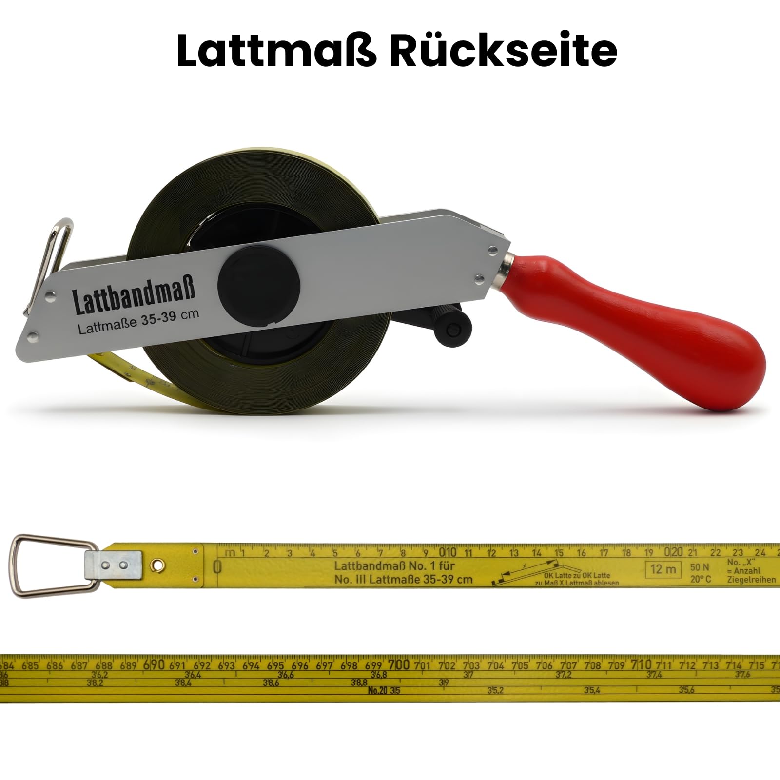 Richter Lattbandmaß für Dachdecker & Zimmerer – Lattmaße 31–39 cm – „rechnendes“ Bandmaß zur sicheren Auflattung inkl. DEWEPRO Zollstock 2 m