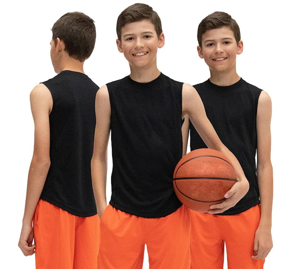 KISTA 3 Pack Kid's & Boys Sleeveless Workout Shirts, Dry Fit Running Mesh Cutoff Shirts, Athletic Training Tank Tops