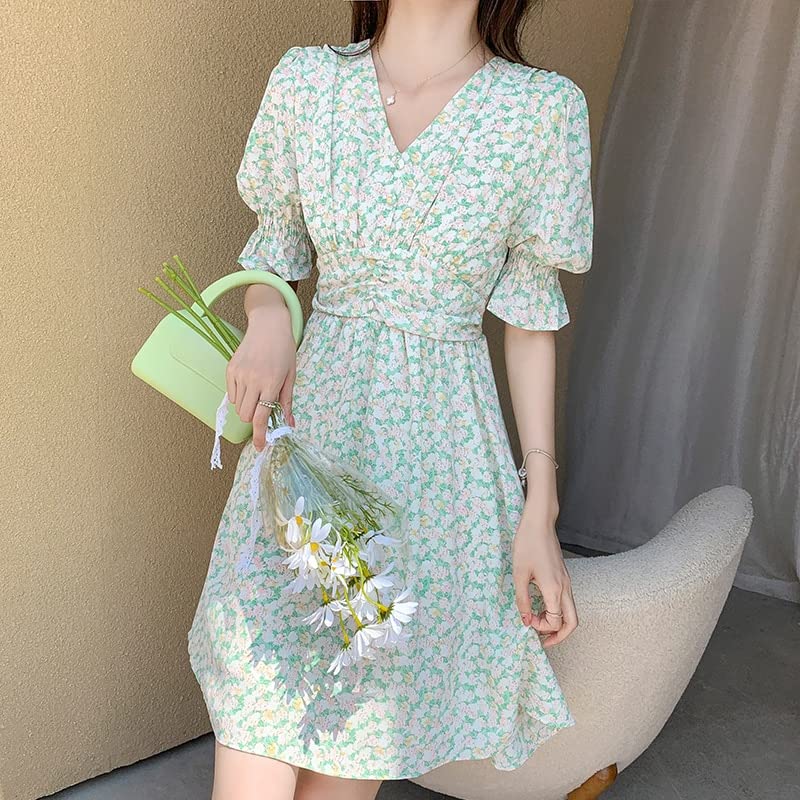 Adigaber Abiti Donna Estivi Casual Lunghi Vestiti Increspature Manica Corta Vestito Elegante Scollo a V A-Linea con Cintura Maxi Abito
