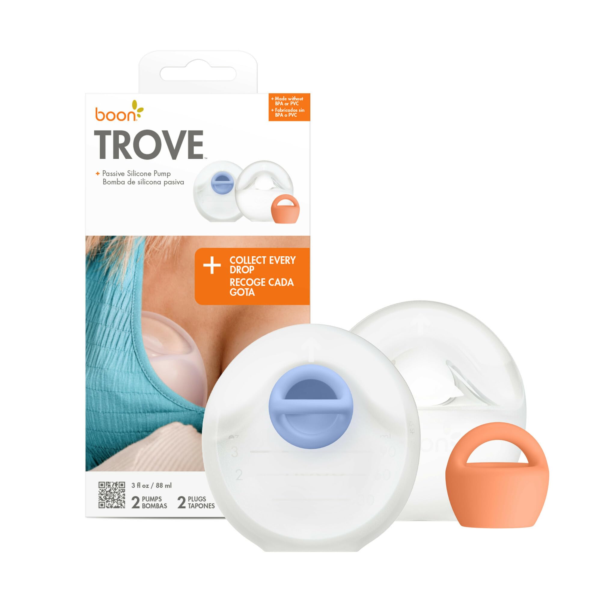Boon Trove - Extractor de leche manual de silicona - Extractor de leche materna manos libres - Colector de leche materna con bolsa de viaje - 2 unidades