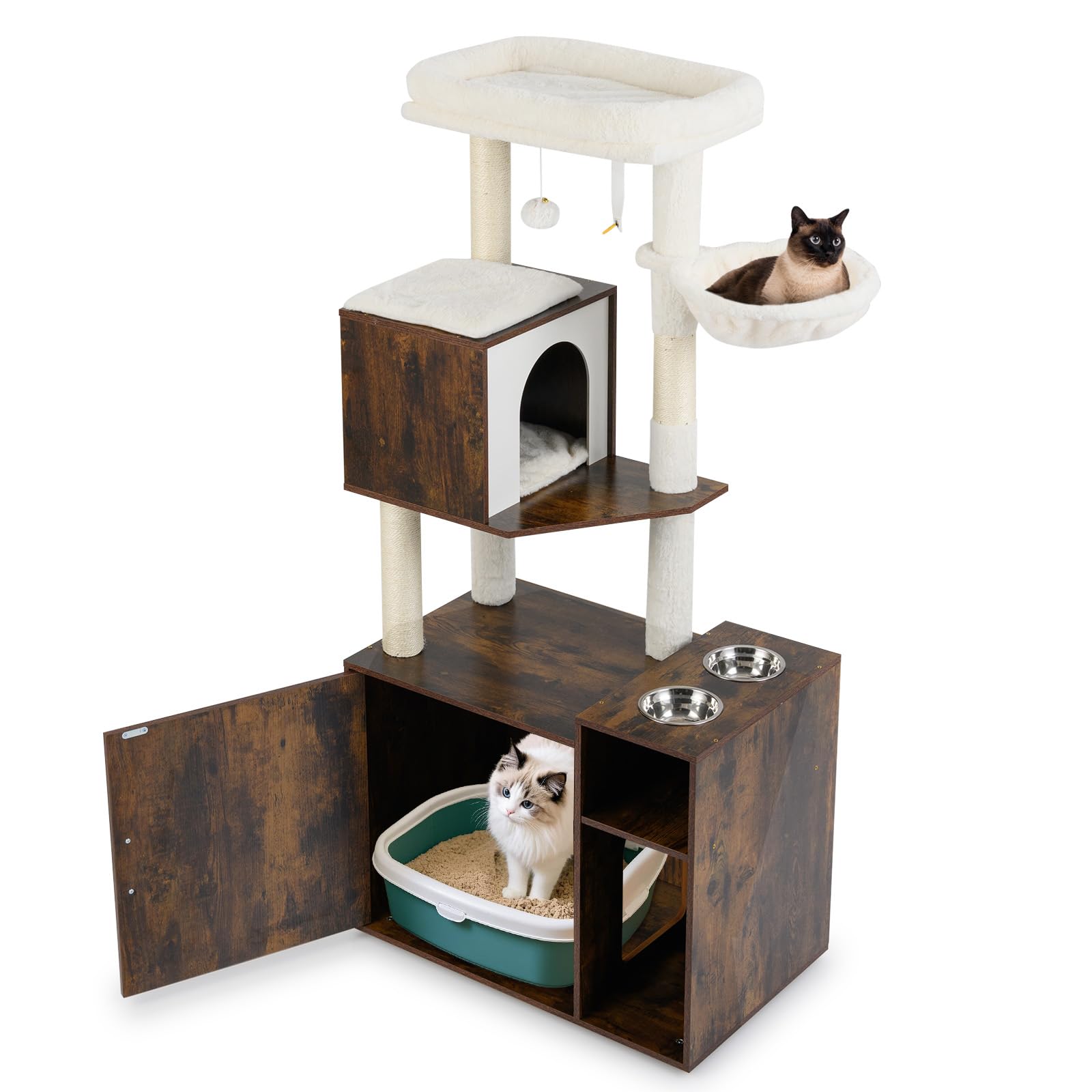 GYMAX Multi-level Cat Tree with Litter Box Enclosure, Wooden Cat Tower with Sisal Scratching Posts & Mat, 2 Feeding Bowls and Dangling Ball, Kitty Activity Center for Indoor Cats (Rustic Brown)