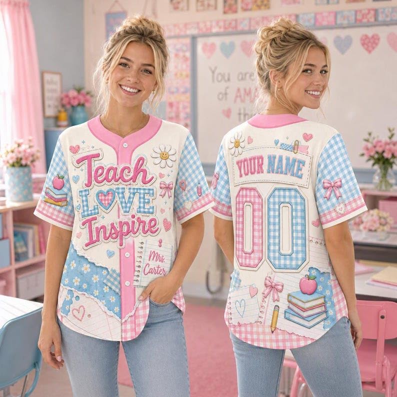 V-DECORPARKS Custom Teacher Shirt Baseball Jersey with Name Number, Back to School Teacher Kindergarten First Grade Outfit miniatura 4