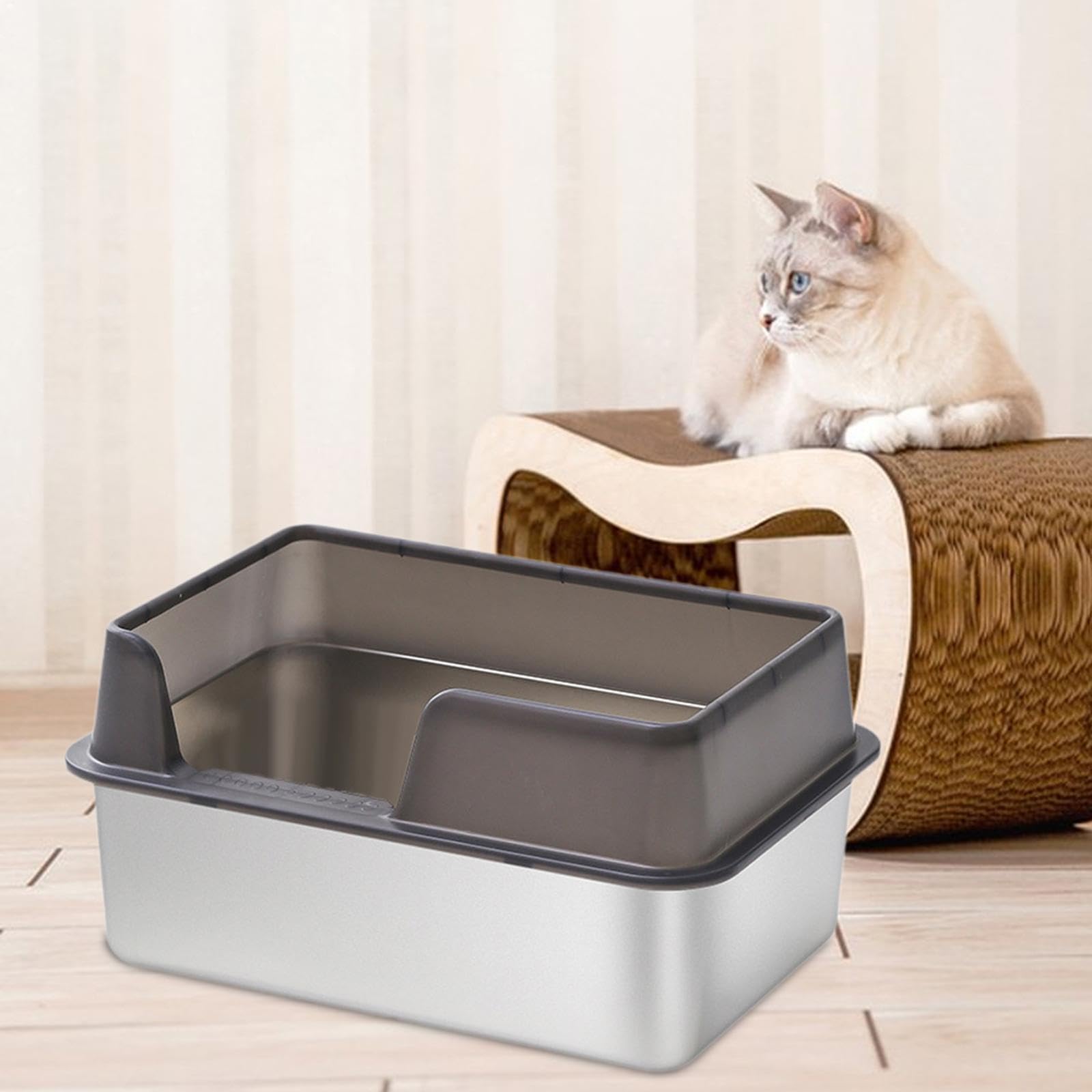 Arenero Abierto para Gatos de Acero Inoxidable con Paredes Y Base Profunda para Evitar Derrames de Arena para Uso Diario en Casa Mascotas, yo Negro