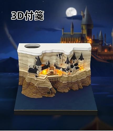 DRWG 立体視3Dカレンダー ライト付き 美しい桜の木 キノコハウス 地球 天壇の形 メモ帳 DIY紙彫刻アートクラフトデスクトップ装飾 (ライト付きハリー・ポッター) [2]