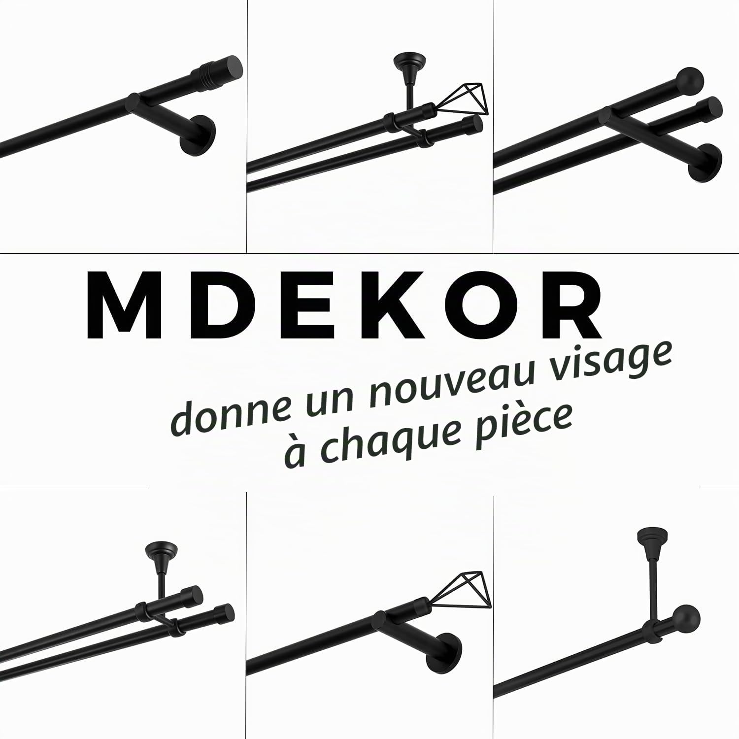 Tringle à rideaux simple 360 cm, noir, 19 mm, montage plafond, terminaison droit