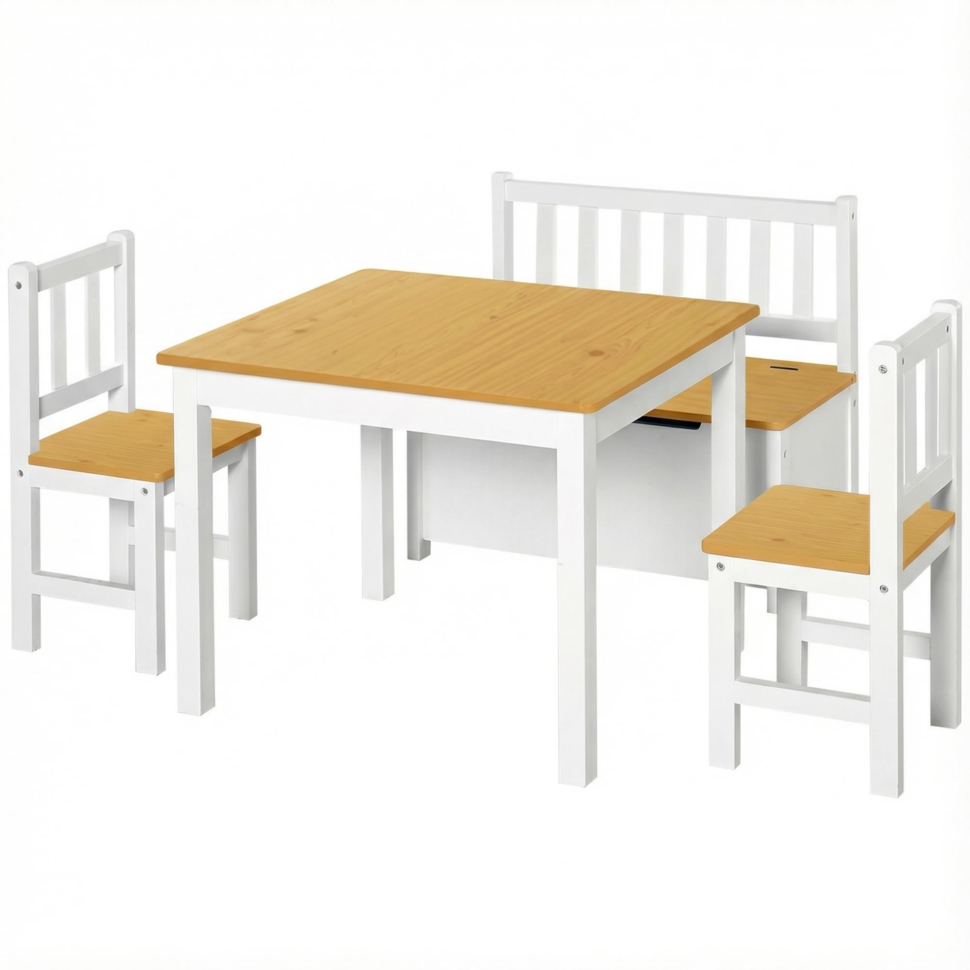 HOMCOM Mesa Infantil con 2 Sillas y Banco con Almacenaje Blanco y Natural | Mesa y Sillas Infantiles de 4 Piezas, Juego de Muebles para Actividades, para Niños de +3 Años, Dormitorio Sala de Juegos