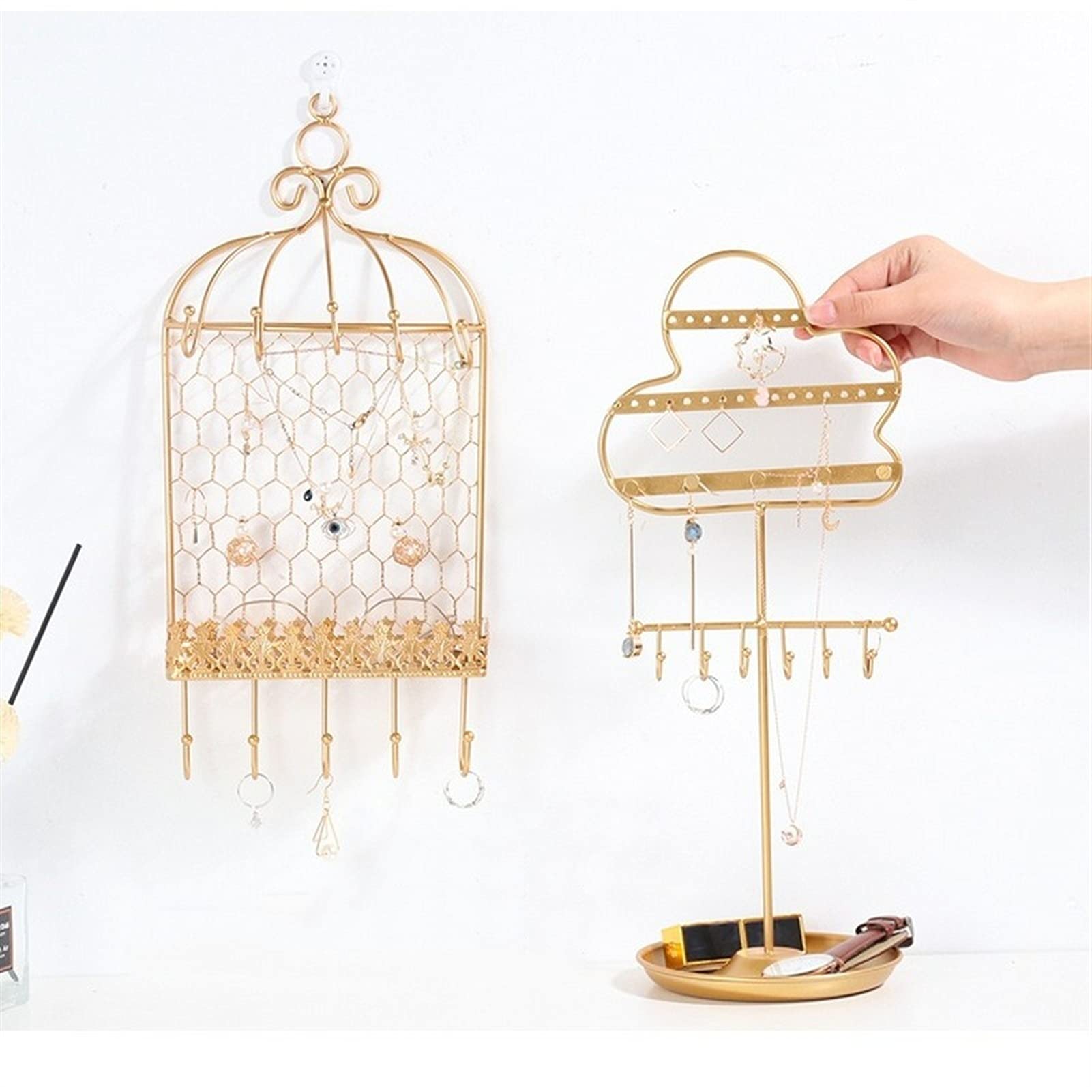 Organizador de joyas creativo para colgar en forma de torre, de hierro forjado dorado, de lujo, para habitación de niña, para escritorio, para colgar pendientes, soporte de exhibición, cajas de j