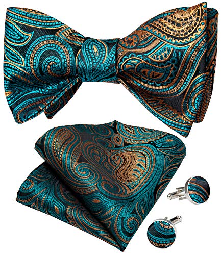 Image of DiBanGu Men Bow Tie Paisley Striped Self-Bow Tie for Men and Silk Woven Bowtie Pocket Square Cufflinks Wedding Party