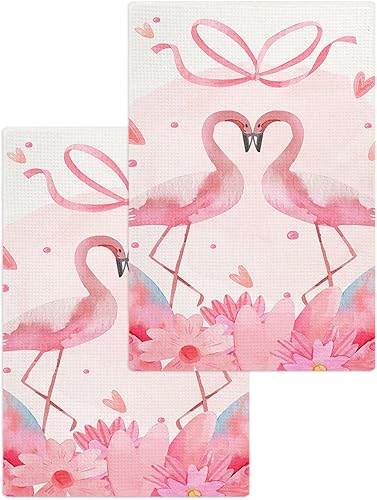 Juego de 2 toallas de cocina de tejido de punto gofre de algodón, diseño de corazón rosa con diseño de flamenco, 16 x 24 pulgadas, absorbente,