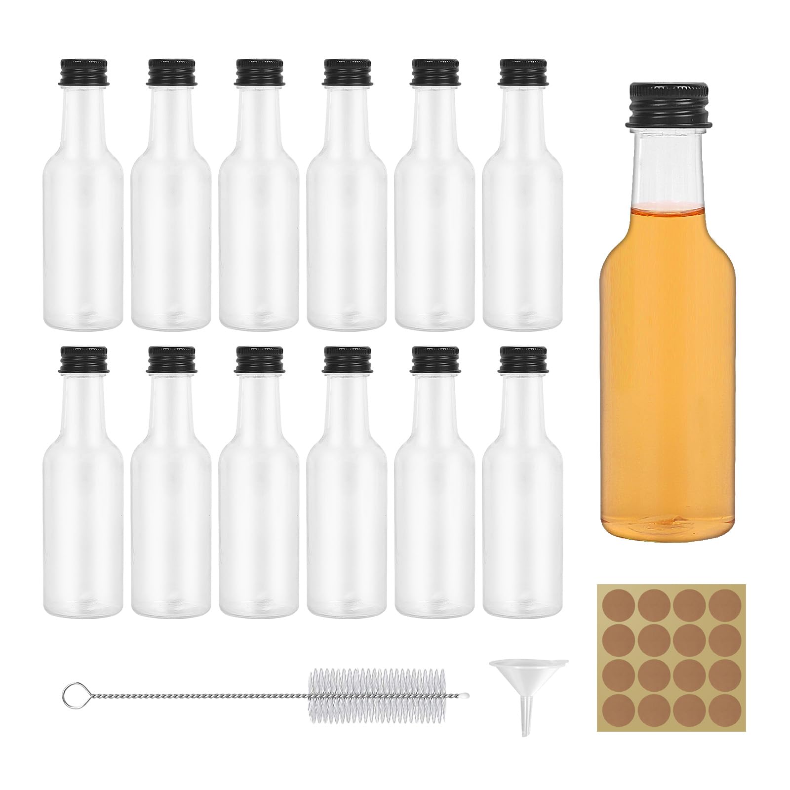 Mini Liquor Bottles 12 Pack 50ml Reusable Plastic Empty Spirit Bottles With Screw Caps, Funnel, Cleaning Brush and Stickers for Parties
