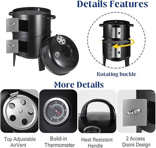Miniatura 6 de Parrillas de carbón verticales 3 en 1 para barbacoas de patio, parrilla portátil de barbacoa de 17 pulgadas con termómetros y 2 puertas de acceso