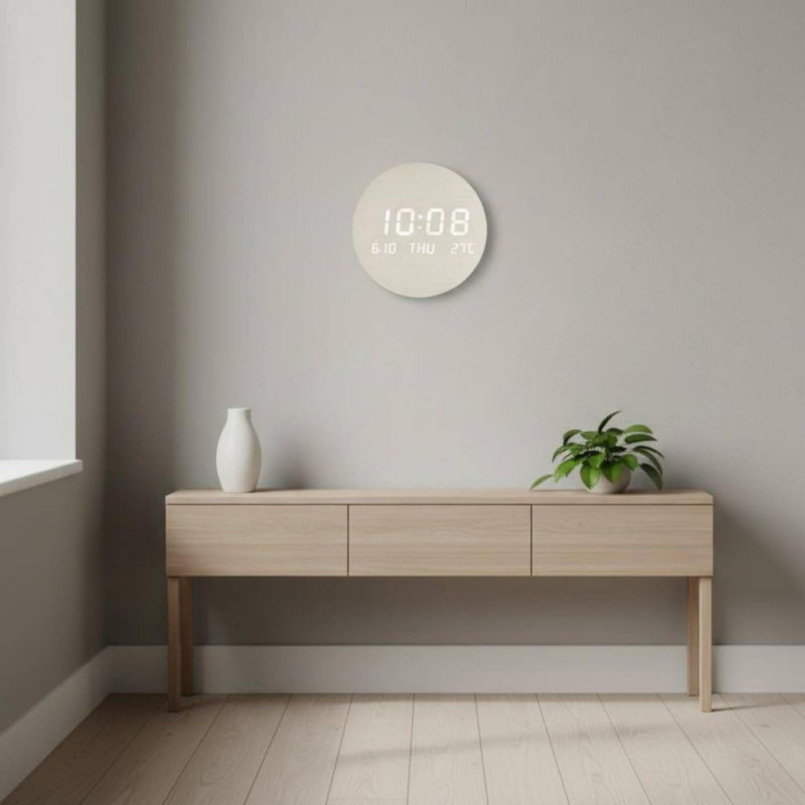 LOVIVER Reloj de Pared Eléctrico Digital Reloj LED Reloj Redondo Reloj Decorativo Moderno con Dígitos Día y Temperatura Visibles Luz Suave por la Noche, Wood