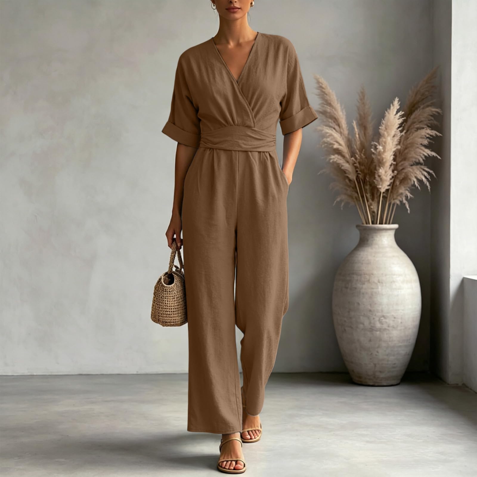 Monos Mujer Verano Jumpsuit Elegante Cuello en V Color Sólido Mono que realza la cintura Mono Mujer Casual Manga Corta con Bolsillos Holgado Clásico Palazzo Casual Sueltos Rompers con Bolsillos