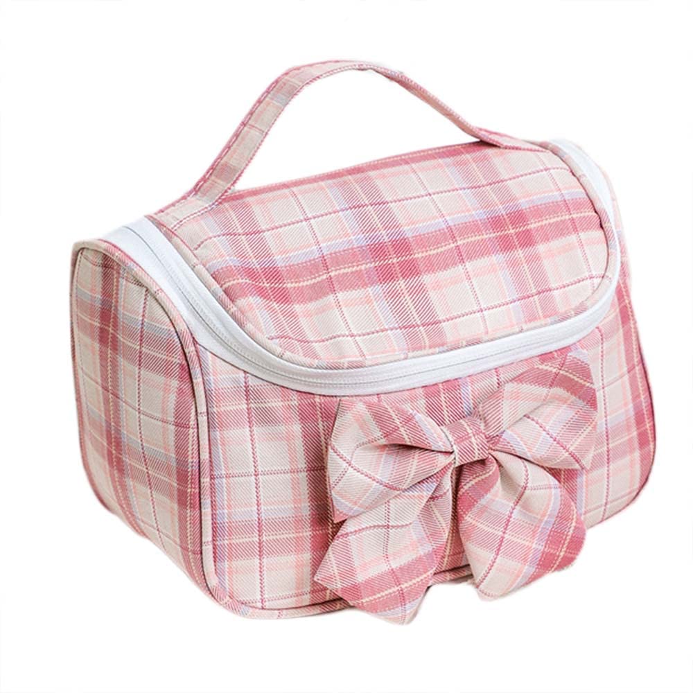 Kawaii Makeup Bag Big Bow Cosmetic Travel Bag Gingham Cute Makeup Cosmetic Storage Bags Organizer Plaid Large Capacity Toiletry Bags for Toiletries
