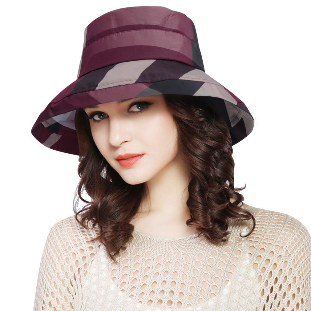 DOCILAStylish Bucket Hats for Women Foldable Outdoor Plaid Fisherman Sun/Rain Cap with Chin Strap