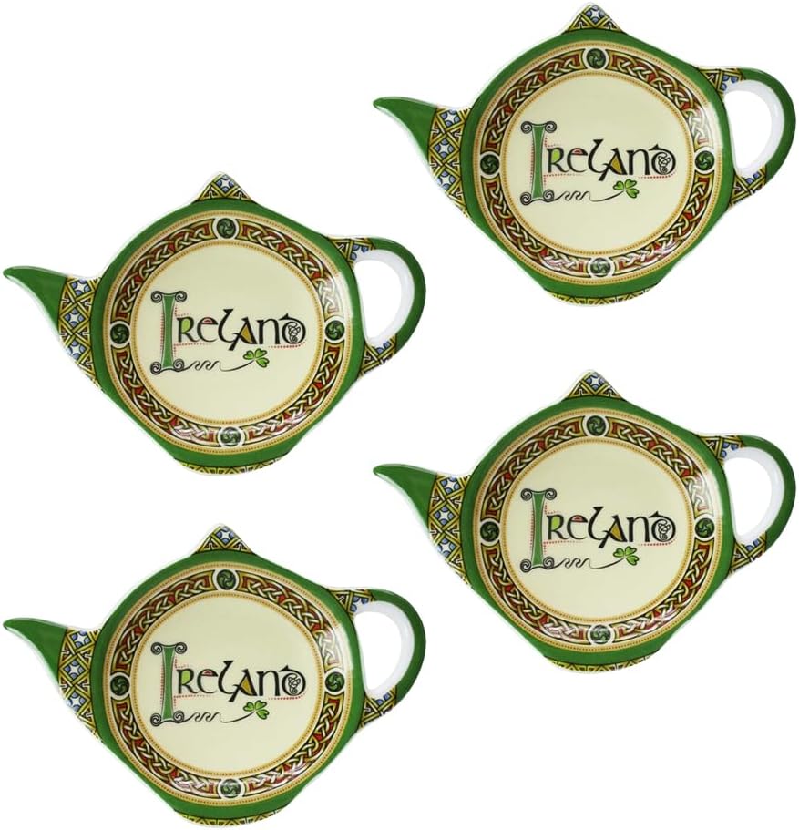 Ireland Teabag Holder Set with Shamrock - Irish Tea Bag Coaster Teapot Shaped Resting Caddy Saucer Made of New Bone China Blessing Diameter 4" (4)