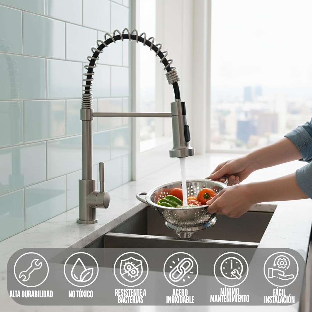 Grifo Cocina Extraible Fregadero de Fácil Instalación | Diseño Cepillado · Flexible de Acero Inoxidable 201 · Monomando con Cartucho Ceramico