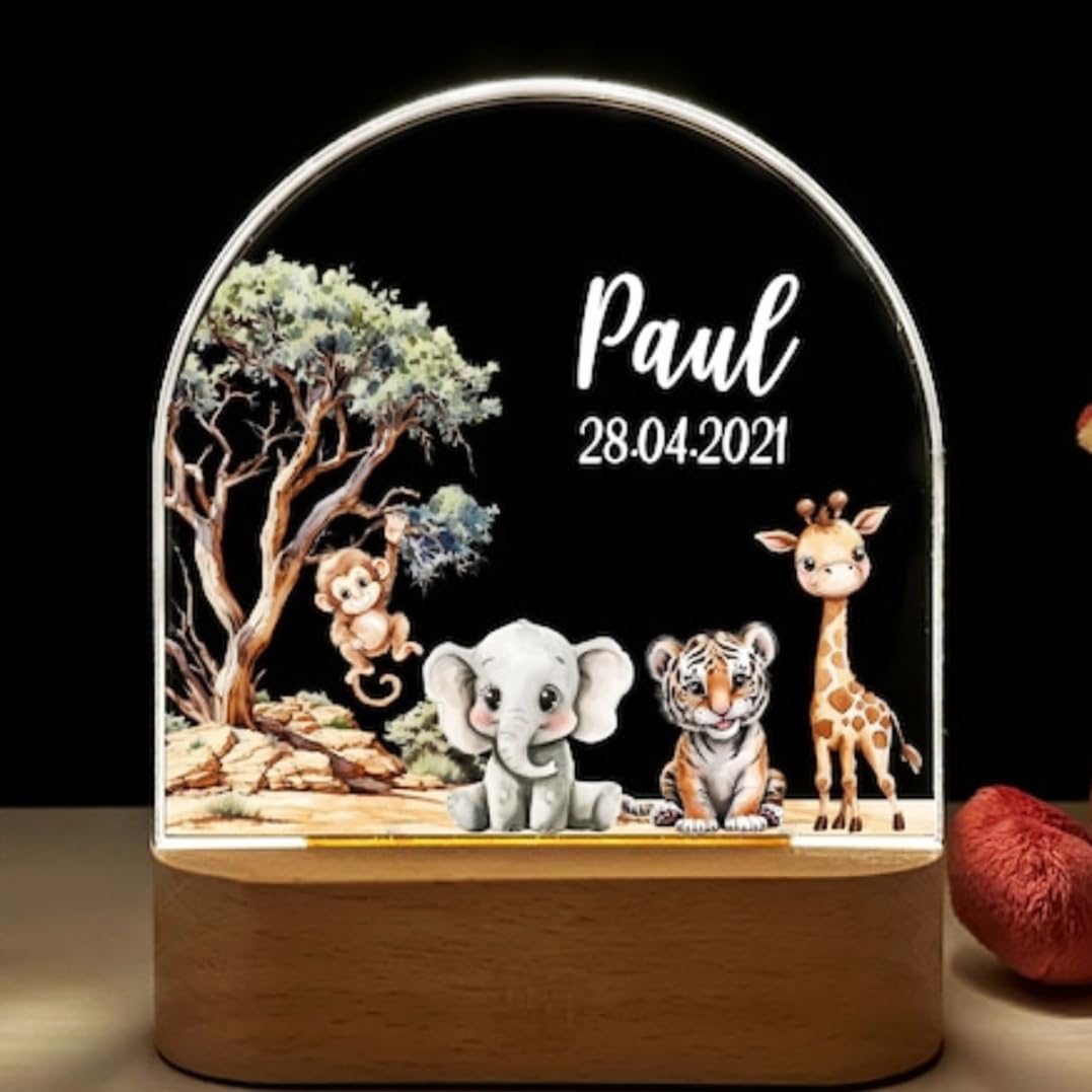 Fallover Personalised Baby Boys Girls Gifts, Custom LED Night Light Lamp for Babys Nursery - Cute Animals Design, Personalised Kids Sleep Light for Daughter, Son, Niece, Granddaughter, New Baby (02)