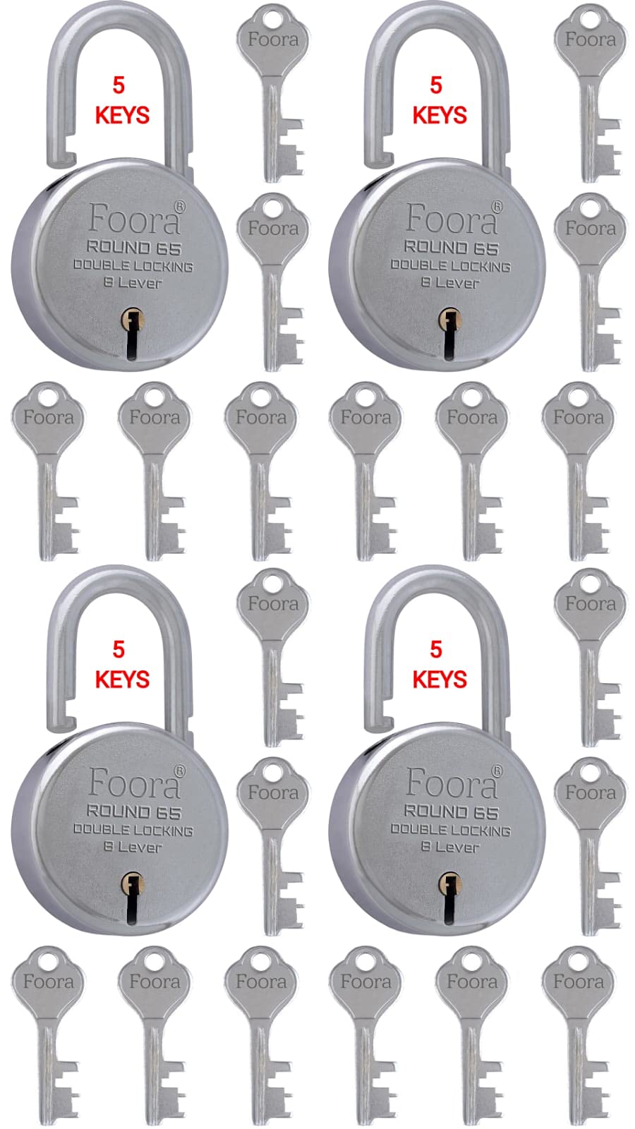 foora round_65 pack of 4 with 5 separate keys each, steel heavy duty shackle, double locking technology 65mm (silver)