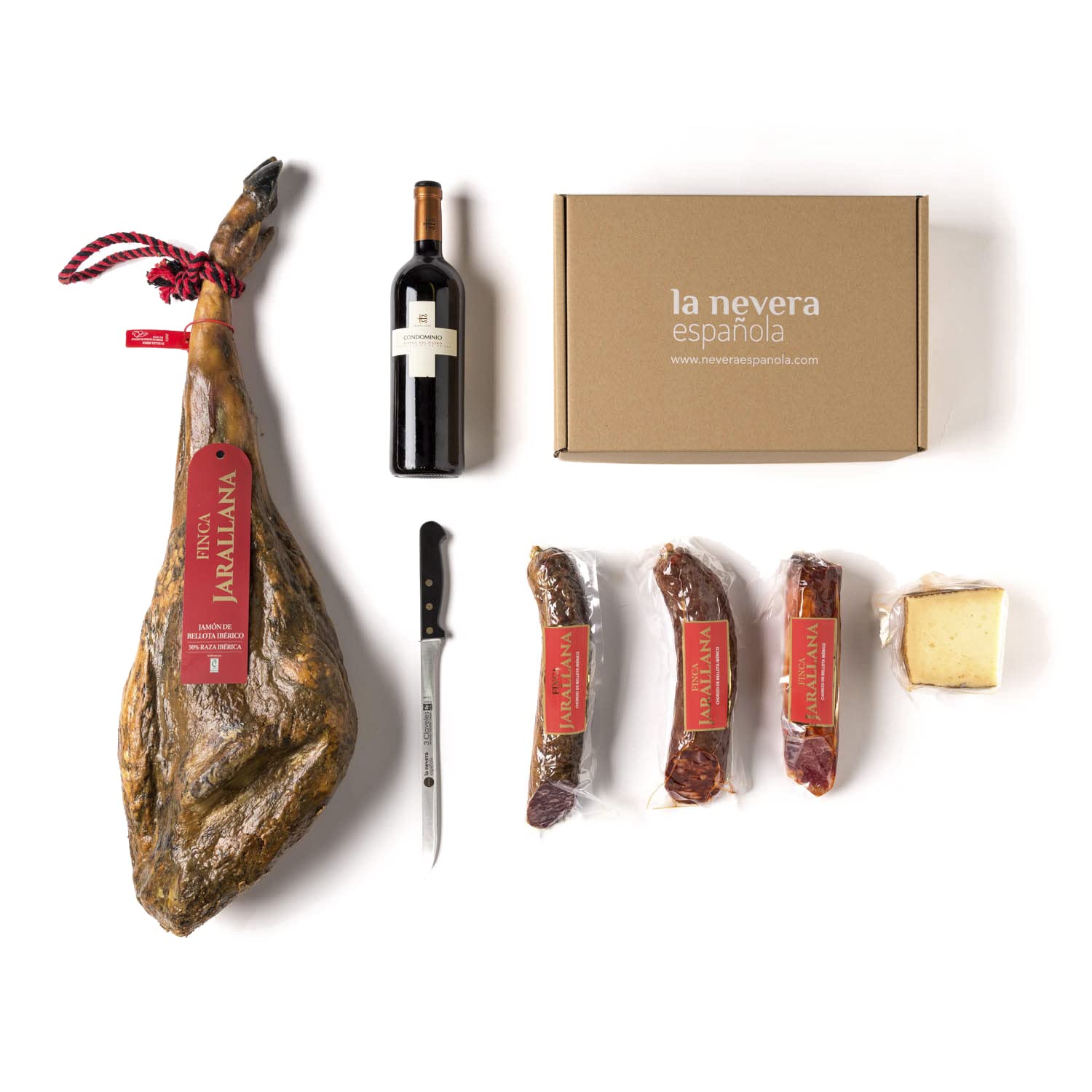 La Nevera Española - Lote Ibérico de Bellota con Jamón, Lomo, Salchichón, Chorizo y Queso de Oveja - Con Botella Ribera del Duero - Delantal de Regalo