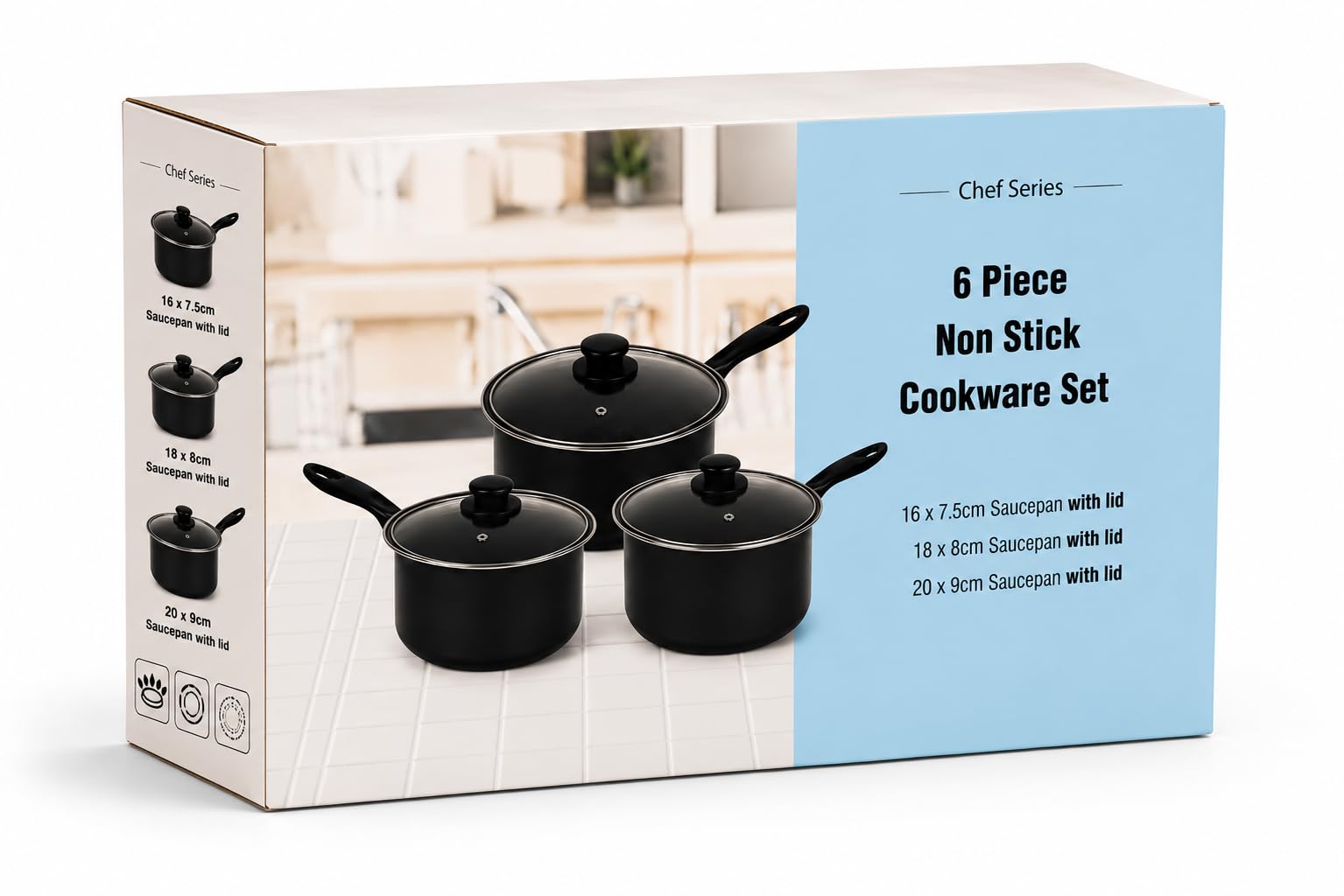NOVAEASE 6pcs Carbon Steel Cookware Set | Sauce Pans | Premium Non Stick | 16cm 18cm 20cm Saucepan with Tempered Glass Lids | Induction, Gas, Electric Hobs Suitable