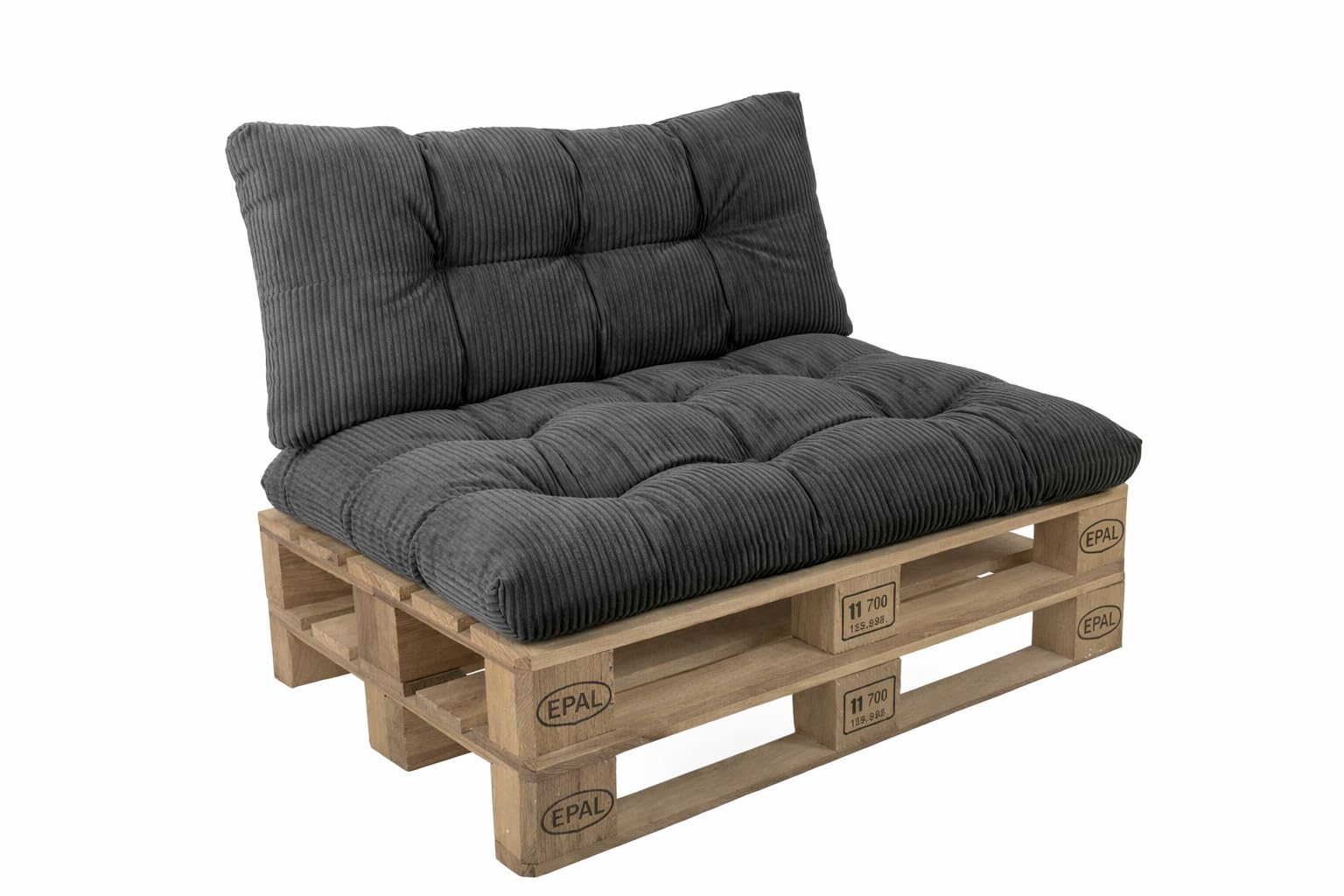 POKAR Set of 2 Pallet Cushions: Seat 120x80 cm + Backrest 120x40 cm in Corduroy | Tufted Cushions for Pallet Furniture and Garden Sofa | Outdoor and Indoor Use | Oeko-Tex | Made in EU | Dark Grey