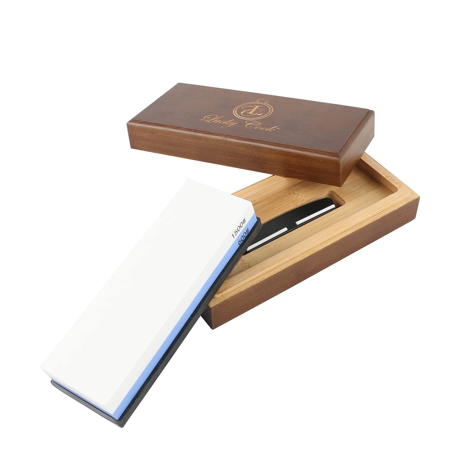 Lucky Cook Professional Knife Sharpening Stone - 2 side grit 600/1500 for a Fast Edge Honing and Edge Repair + Angle Guide + Wooden Base + Gift Box Included in the Kit