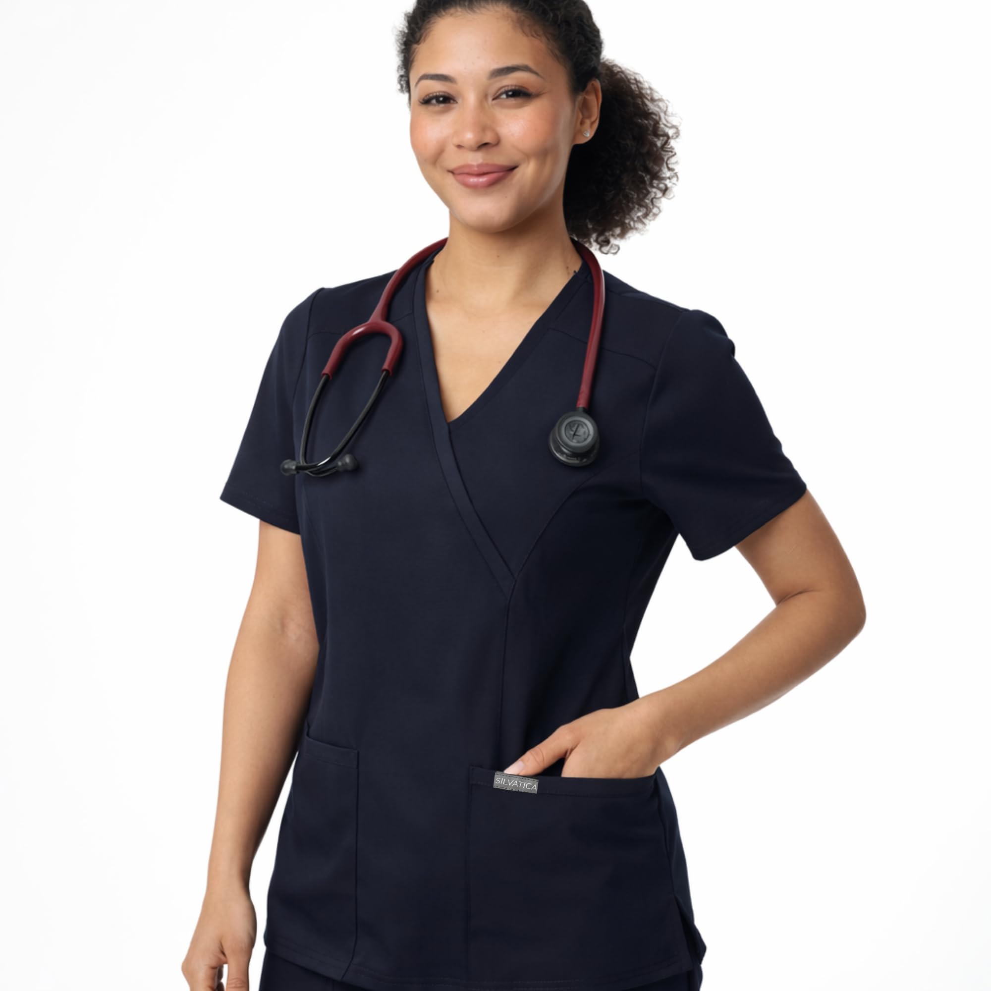 Silvatica Womens V-Neck Scrub Top 2 Pockets Slim Fit 4-Way Stretch Breathable Turkish Fabric Nursing Medical Uniform