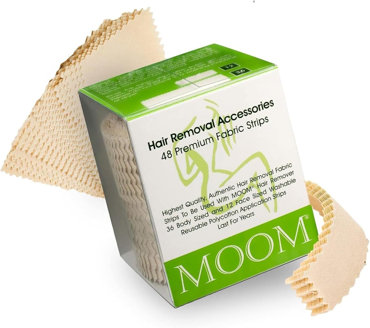 MOOM Hair Removal Wax Strips, 48 Count - Reusable & Washable Polycotton Strips for Maximum Hair Removal, Perfect for Bikini Zone, Leg, Eyebrows, Body