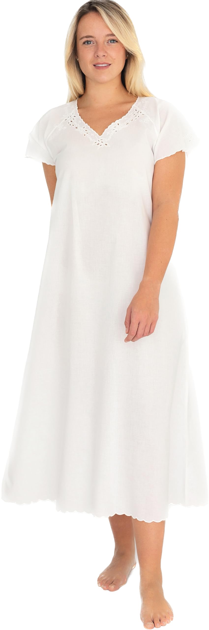 Lunn Antiques Women's White Victorian Style V Neck Cotton Nightdress | One Size,100% Cotton