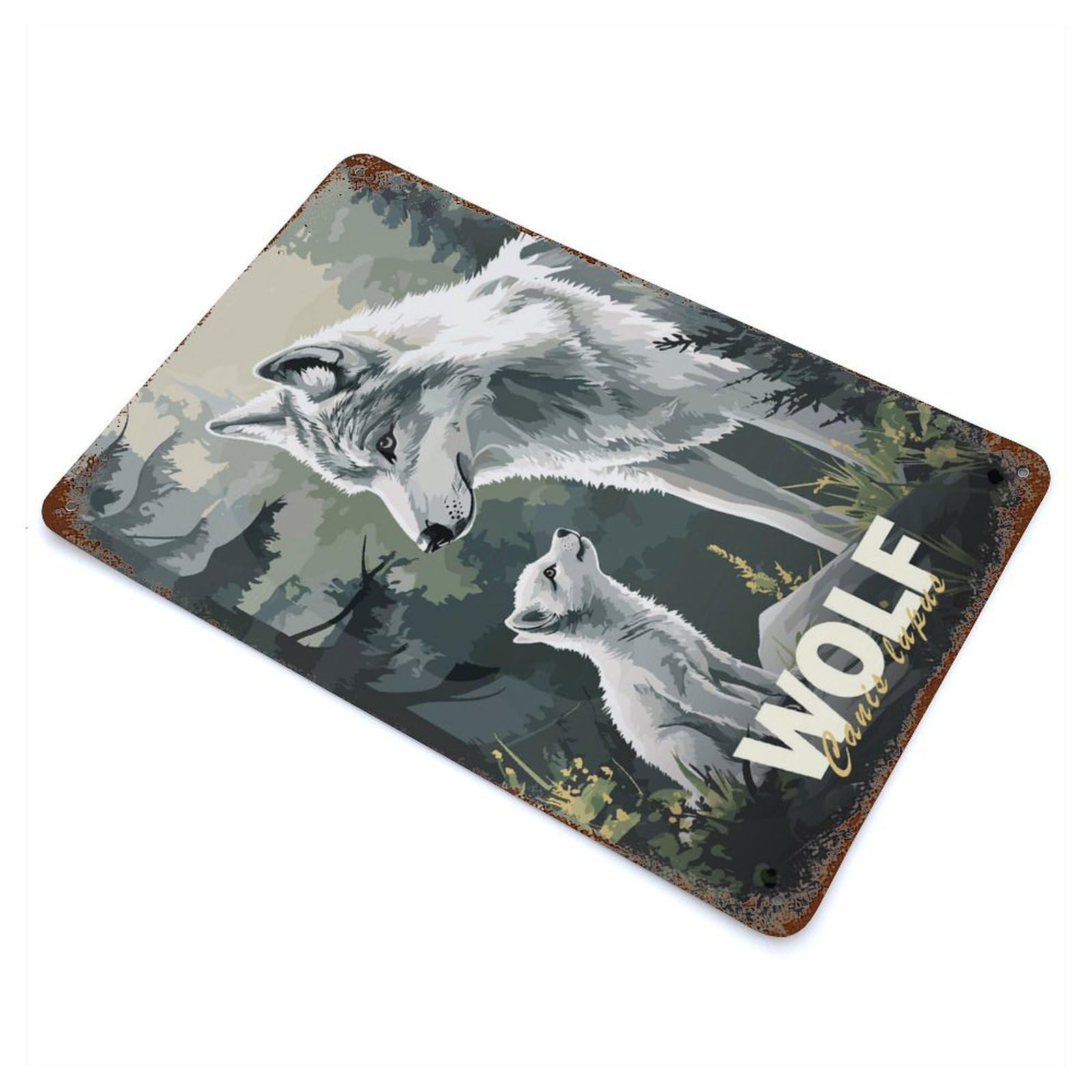 Garage Style Wolf Family Minimalist Rusty Metal Tin Sign 11.8"x7.9", Farmhouse Wall Decor for Bar And Workshop