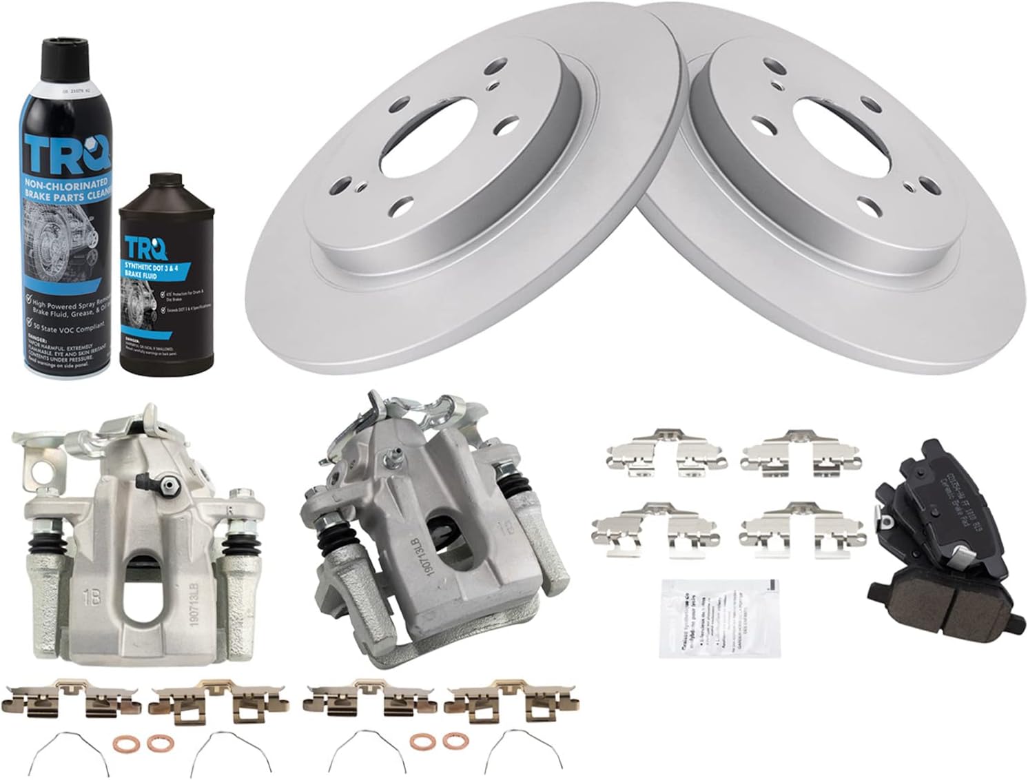 TRQ Rear Brake Pad, Caliper, & Rotor Kit, with Chemical Kit Ceramic Premium G-Coated Compatible with 2008-2015 Scion xB