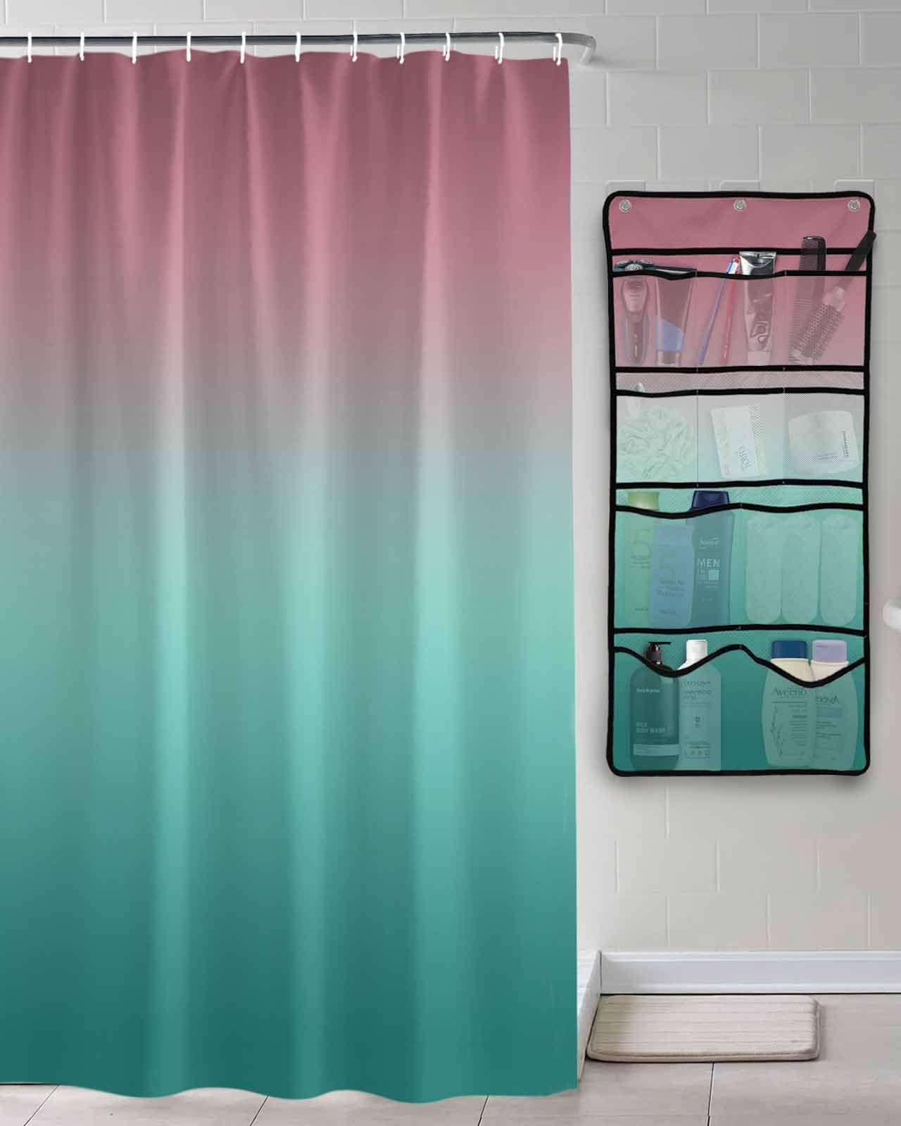 Shower Curtain Mesh Shower Organizer Hanging Set Green and Pink Gradient Waterproof Shower Curtains with 10 Pockets Quick