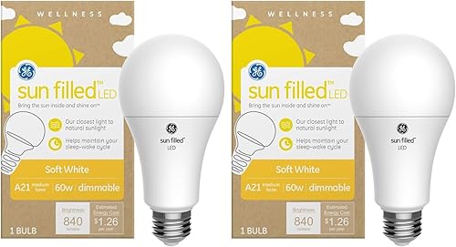 GE Bombilla LED con relleno de sol, mantiene el ciclo de sueño natural, equivalente a 60 W, blanco suave, bombilla A21, base mediana (paquete de 2)