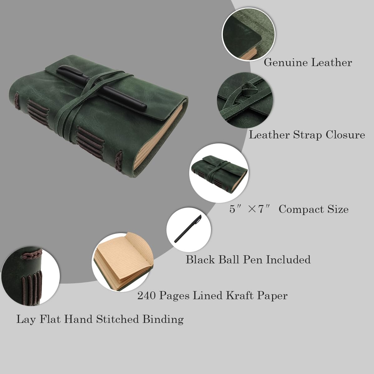 Leather Journal Writing Notebook - Genuine Leather Bound Daily Notepad for Men & Women Lined Paper 240 Kraft Pages, Handmade, Dark Green, 5 x 7 in
