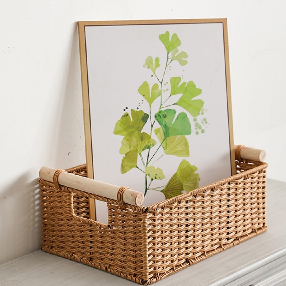 Cesta tejida retro con mango de madera, contenedor de almacenamiento de ratán sintético, para baño, cocina, bar, caja organizadora tejida a mano, para artículos de tocador y varios (4)