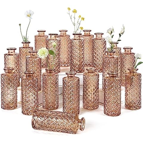 Amber Glass Bud Vase, 20 Pack Living Bud Vases, Small Diamond Bud Vases in Bulk, Mini Flowers Vases for Table Centerpiece, Office, Wedding Reception, Home Decor Cover