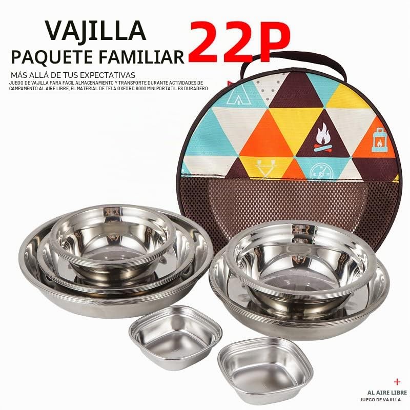 Juego De Platos De Servicio De 22 Piezas Con Bolsa De Viaje, Platos Y Cuencos De Acero Inoxidable, Juego De Camping Para Acampar Al Aire Libre, Senderismo, Picnic, Barbacoa, Playa