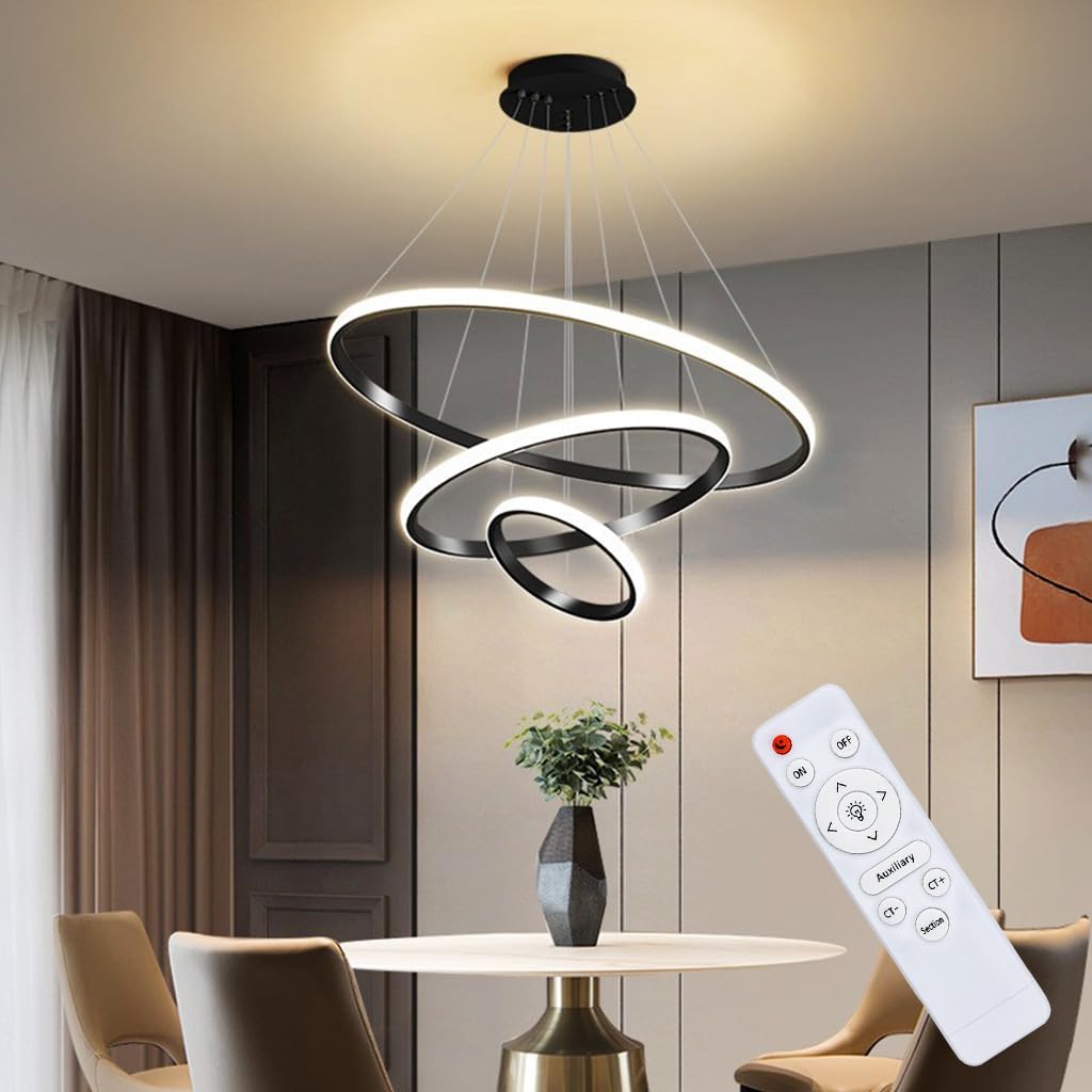 HASTHIP® LED Pendant Light, 3 Rings Ceiling Light, with Dimmable and Adjustable Color Chandelier Lamp, with Remote Ceiling Lights for Living Room for Dining Room Bedroom Hallway (Black)
