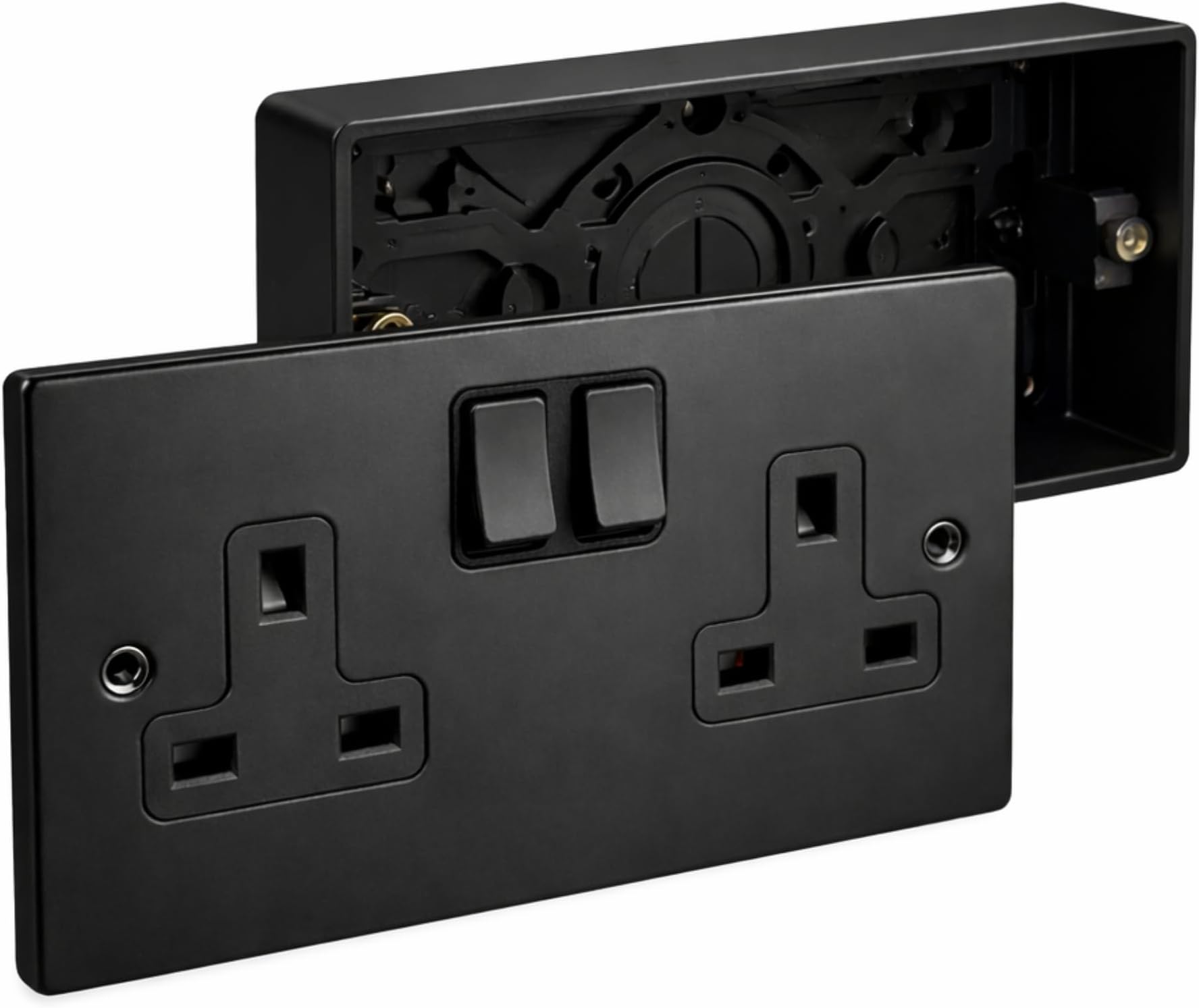 13A 2 Gang Switched Socket & 29mm Surface Mount Back Box – Matt Black Metal Round Edge, Sleek Modern Plug Socket for Home or Office – Easy Install, Durable, Stylish Finish