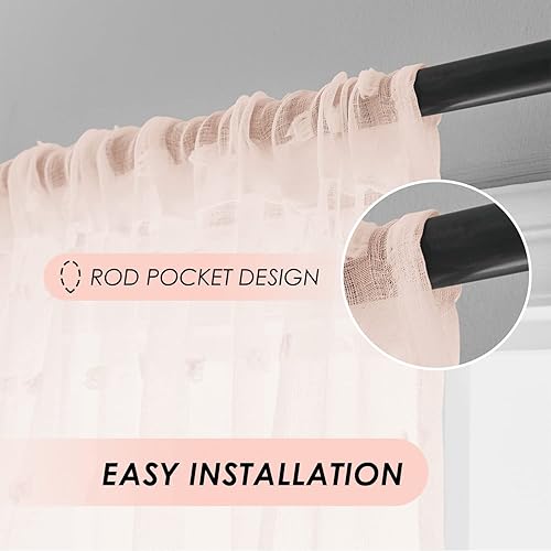 Miniatura 3 de VANASEE Cortinas traslúcidas con pompones y bolsillo para barra de cortina para sala de estar, 52 x 84 pulgadas, paneles transparentes para ventana