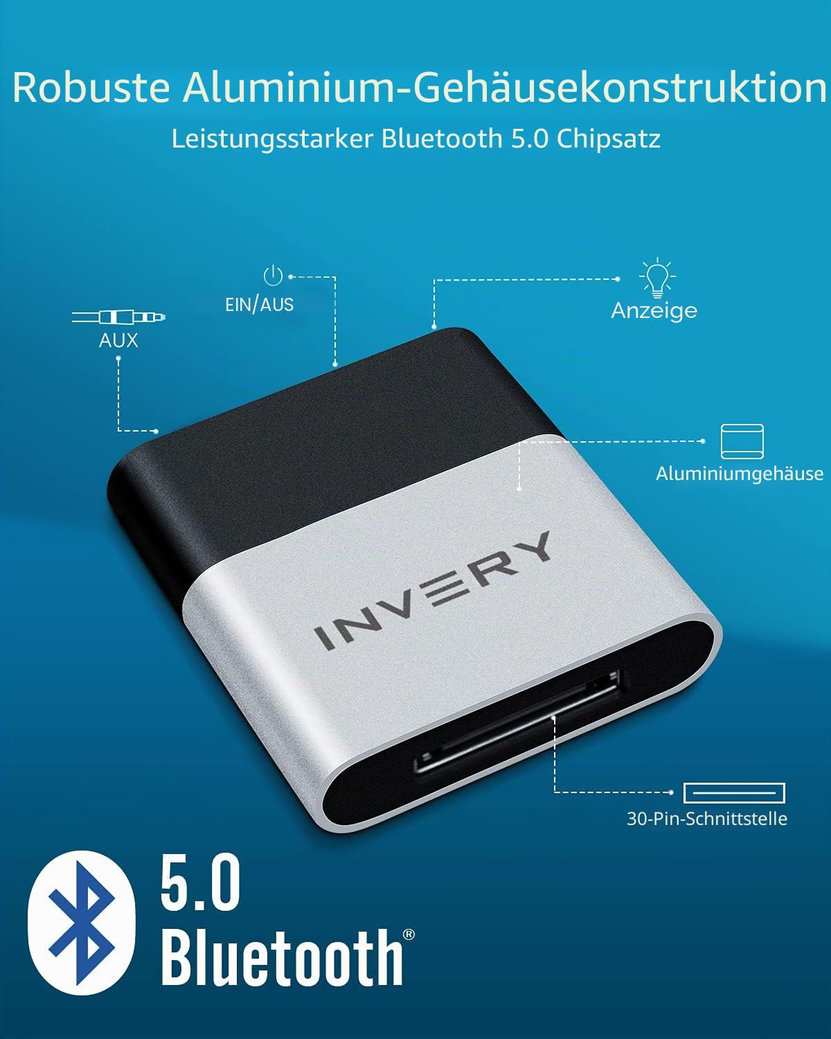 INVERY DockLinQ Pro 30-Pin-Bluetooth-5.0-Adapter-Empfänger für Bose Sounddock und andere 30-Pin-iPod-iPhone-Musik-Dockingstation, nicht für Autos