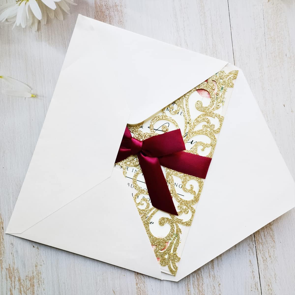 50PCS 5 x 7.3 Champagne Wedding Invitations Cards Laser Cut Hollow Rose Flowers Pocket with Bowknot for Quinceanera Birthday Invites